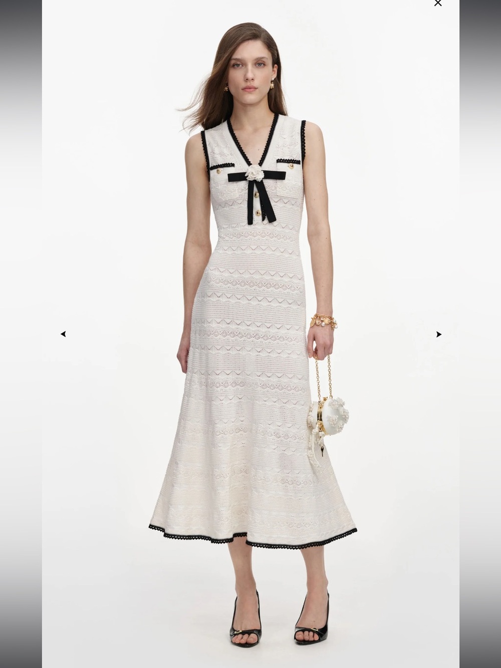 Self Portrait White Pointelle Knit Bow Midi Dress